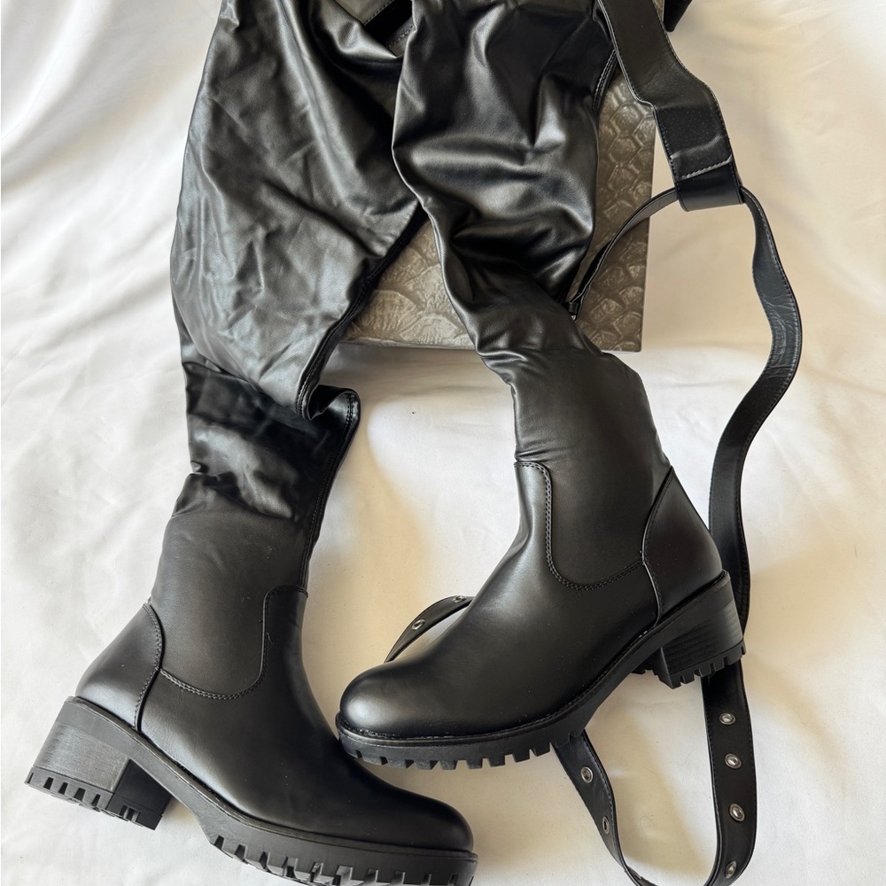 Black Waist-belted Thigh High Boots